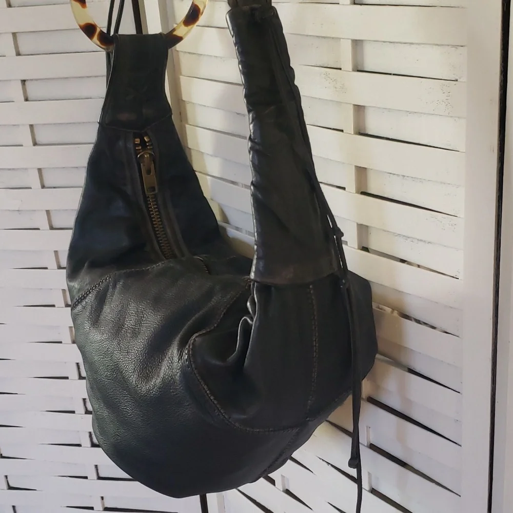 Agatha Blois Black Distress Leathet Shoulder Bag with Tortoiseshell Accent